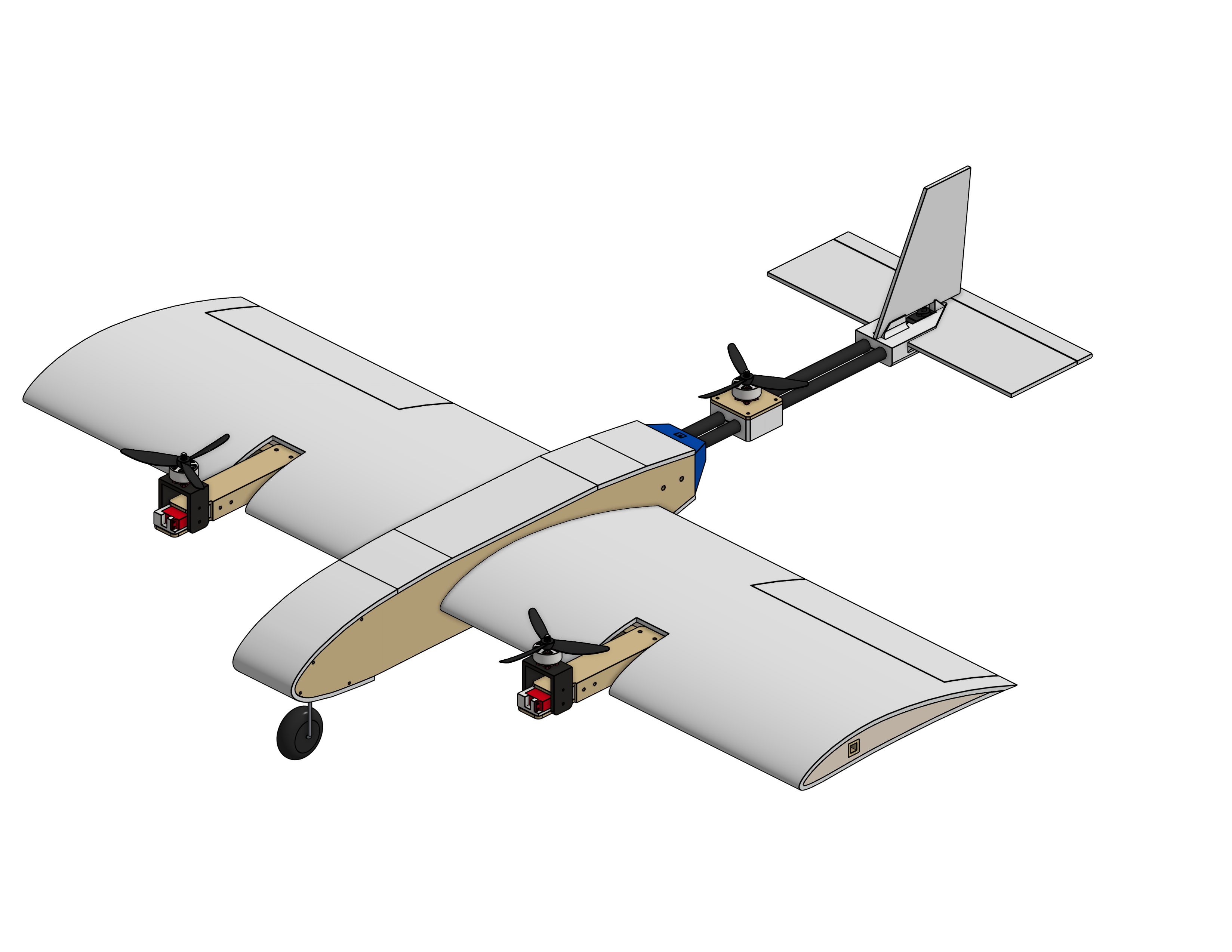 CAD assembly of the aircraft showing wings, fuselage, tail, and three motors